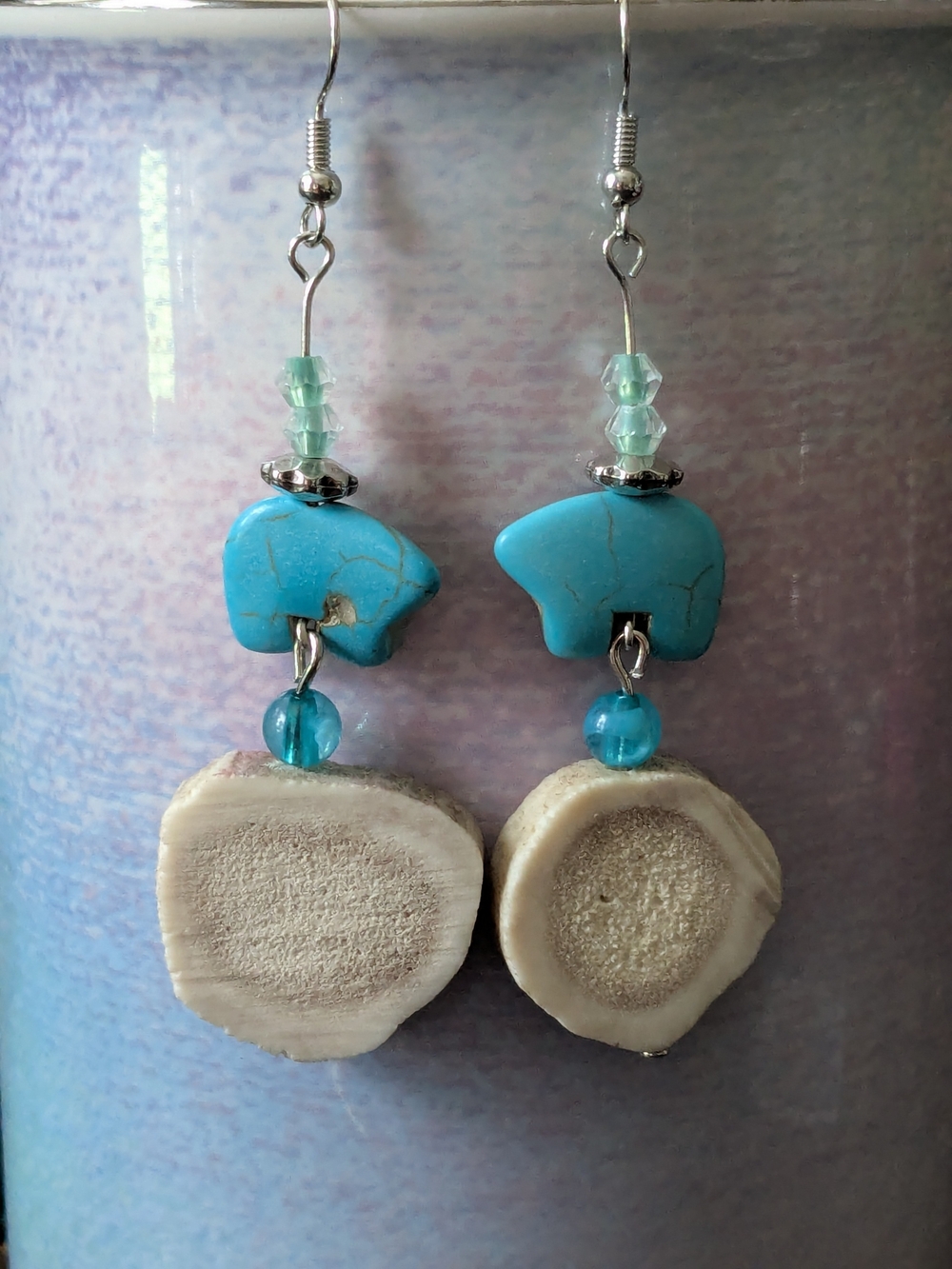 Indigenous Turquoise Fetish Bears With Crystal Beads And Elk Antler Earrings